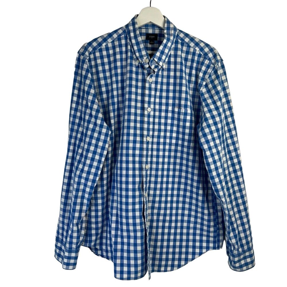 J. Crew Size L Shirt Gingham Cotton Button Down Blue White Check Classic Men's‎
